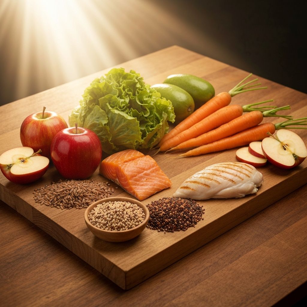 Fresh vegetables and whole grains arranged artistically