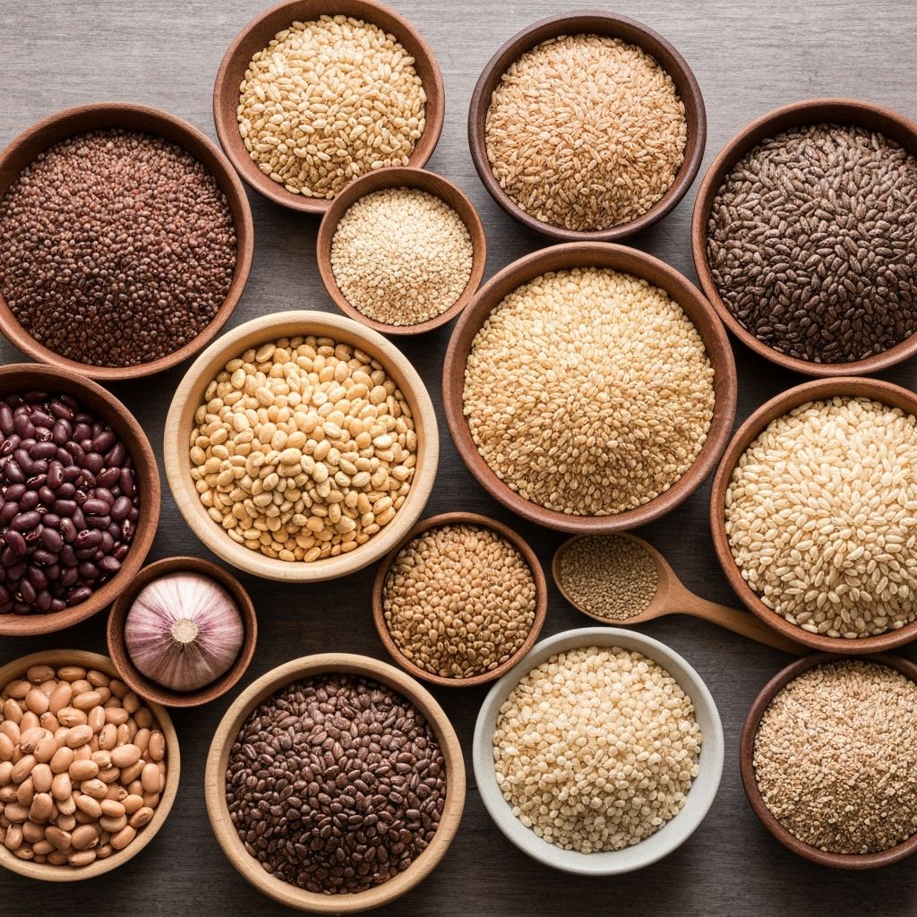 Array of whole grains legumes and seeds