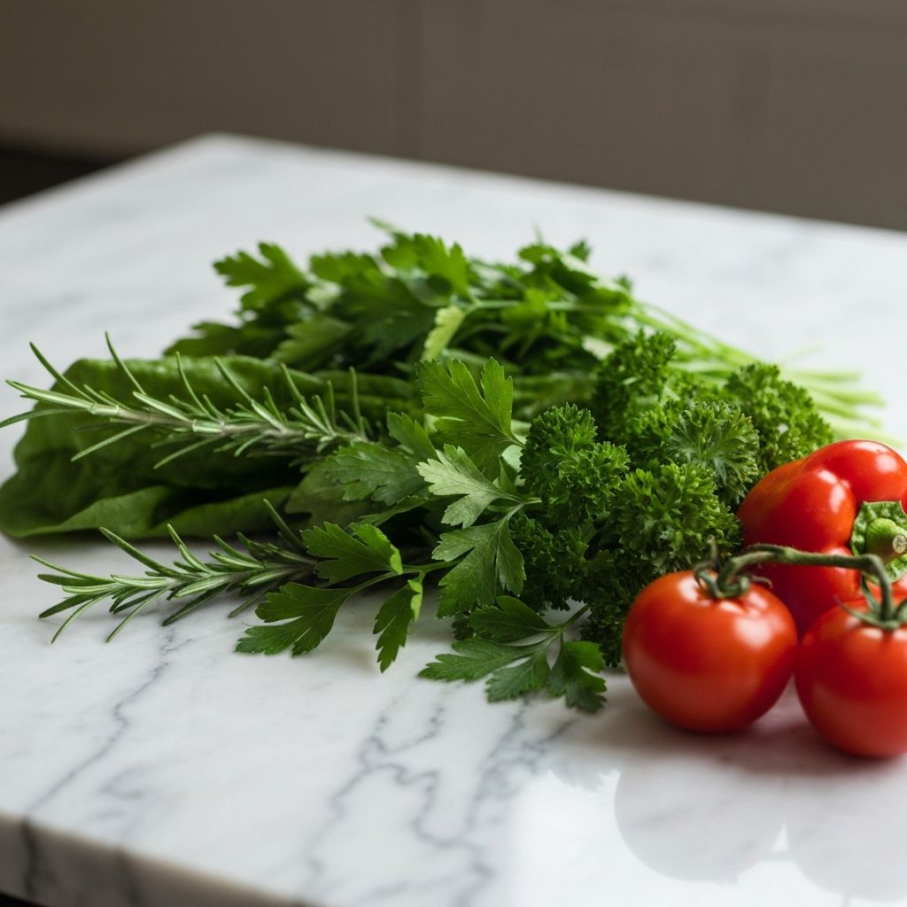 Fresh herbs and vegetables on marble surface